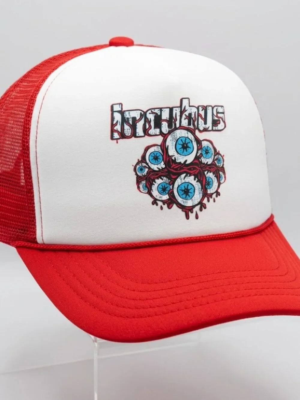 Retro Incubus Band Eyeball Art Foam Trucker Hat Red White Rope Cap New Y2K USA